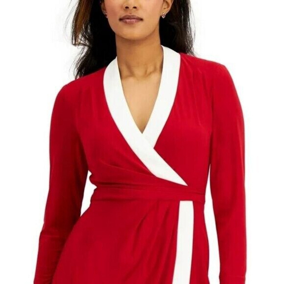 Kasper Sheath Dress Long Sleeve Color Block Faux Wrap Mid-Length Red & White NWT - Picture 4 of 9